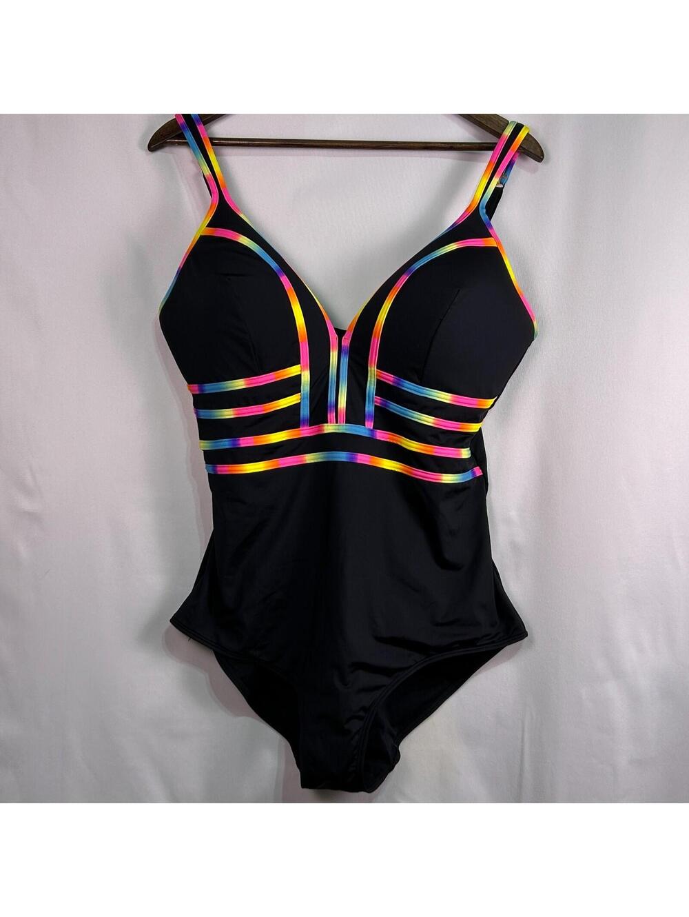 City Chic One Piece Swimsuit Size M Plus Size 18 Black Rainbow Trim Built-In Bra